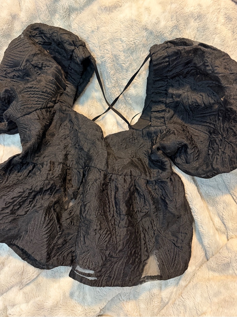Topshop Tulle Open Back Babydoll Puff Sleeve Blouse - Picture 2 of 4